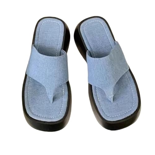 BBAUER Sandalen Damenschuhe Sommer Sandalen Dicke Sohle Hausschuhe Strand Pu Leder Casual Damen Flip-Flops-Blau-35 von BBAUER