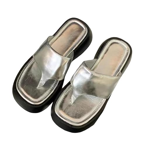 BBAUER Sandalen Damenschuhe Sommer Sandalen Dicke Sohle Hausschuhe Strand Pu Leder Casual Damen Flip-Flops-Silber-36 von BBAUER