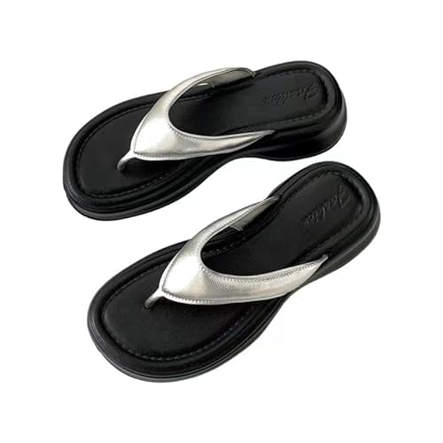 BBAUER Sandalen Sommer Damen Sandalen Mit Dicker Sohle, Lässige Hausschuhe, Damen Pu Riemen Slipper, Flip-Flops-A-Silber-40-41 von BBAUER