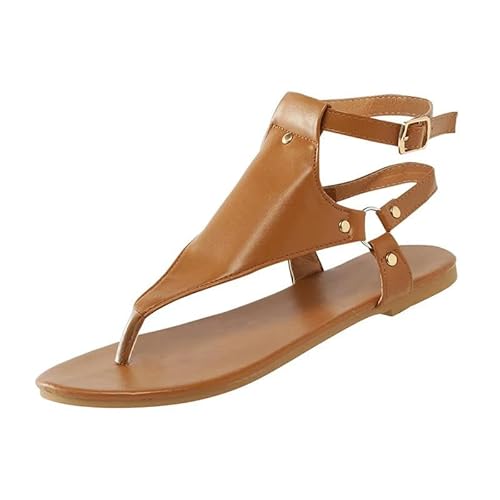 BBAUER Sandalen Sommer Frauen Sandalen Flache Hausschuhe Pu Leder Mode Flip-Flops Gürtel Schnalle Damenschuhe-Braun-35 von BBAUER