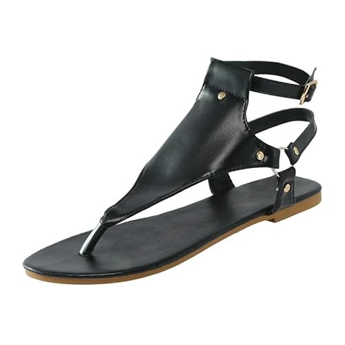 BBAUER Sandalen Sommer Frauen Sandalen Flache Hausschuhe Pu Leder Mode Flip-Flops Gürtel Schnalle Damenschuhe-Schwarz-37 von BBAUER