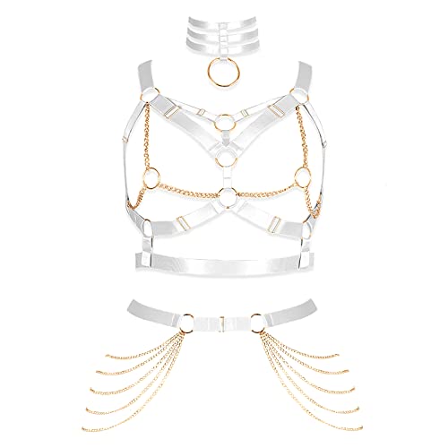 Damen Körper Harness BH Plus Size Mode Metall Kette Strümpfe Strumpfband Set Punk Gothic Karneval Halloween Tanz Kostüm (weiß+Gold) von BBOHSS