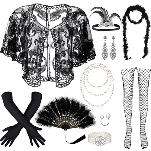 BBTO 11 Stück 1920er Jahre Zubehör Flapper Accessoires Set für Damen Paillette Umhang Feder Stirnband Fächer Schal Perlen Halskette Ohrring Armband Ringe 20er Verkleidungen Kostüm (Schwarz) von BBTO