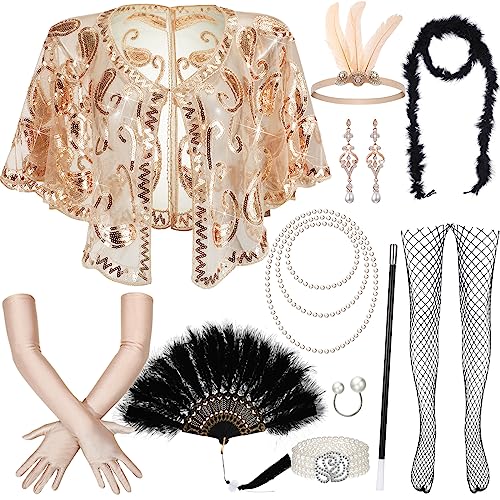 BBTO 11 Stück 1920er Jahre Zubehör Flapper Accessoires Set für Damen Paillette Umhang Feder Stirnband Fächer Schal Perlen Halskette Ohrring Armband Ringe 20er Verkleidungen Kostüm (Champagner) von BBTO