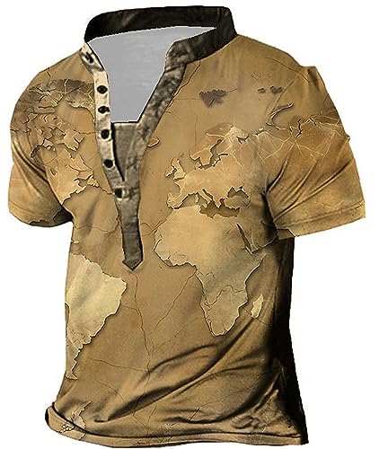 Herren Retro Weltkarte Print Tshirt Sommer Casual Henley Kragen Kurzarm Tshirts Farbe1 L von BBauer