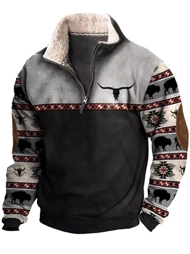 Herren Western Fleecejacke Cowboy Bull Head Print Pullover 1/4 Reißverschluss Stehkragen Langarm Country Sweatshirts A3 M von BBauer