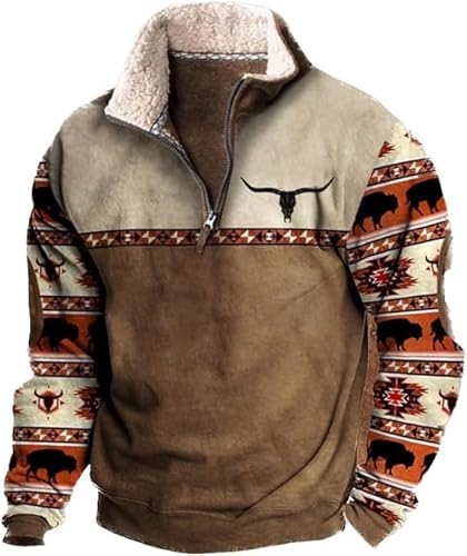 Herren Western Fleecejacke Cowboy Bull Head Print Pullover 1/4 Reißverschluss Stehkragen Langarm Country Sweatshirts A7 L von BBauer