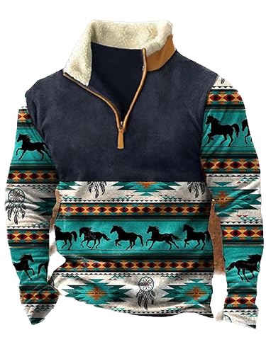 Herren Western Fleecejacke Cowboy Bull Head Print Pullover 1/4 Reißverschluss Stehkragen Langarm Country Sweatshirts A8 L von BBauer