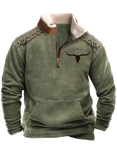 Herren Western Fleecejacke Cowboy Bull Head Print Pullover 1/4 Reißverschluss Stehkragen Langarm Country Sweatshirts B3 3XL von BBauer