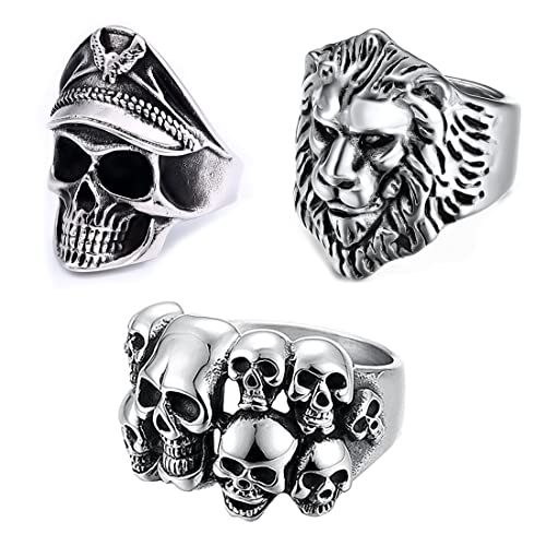 BCBF 3 Stück Retro Charm Punk Rock Schädel Herrenring Edelstahlring Bandring,Edelstahl Ring Für Männer Jungen Skull Biker Ringe, Totenkopf Ring,Edelstahl Ringe Für Herren, Siegelring von BCBF