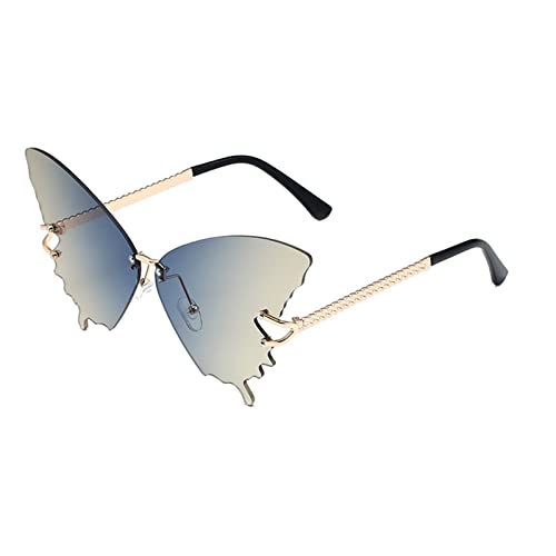 BCIOUS Schmetterlings-Brille, Schmetterlings-Sonnenbrille, randlose Sonnenbrille, übergroße Augen-Sonnenbrille, Sonnenbrille, randlose Sonnenbrille für Damen, Golden Frame Blue Te von BCIOUS