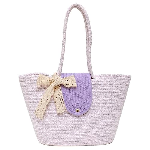 Elegante Damen-Umhängetasche, Stroh, Handtasche, große Kapazität, Tragetaschen für Einkaufsausflüge und Partys, elegante Webtasche, violett, with scarf von BCIOUS