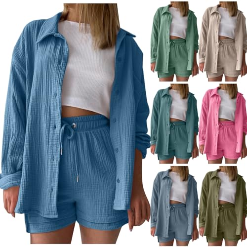 BDOZQY Zweiteiler Damen Sommer Langarm Musselin Hemd und Shorts mit Gummiband und Taschen Aesthetic Streetwear 2 Teiler Lounge Set Hemdbluse Revers Knöpfen Outfit Freizeit Hosenanzüge Sets Elegant BDOZQY Zweiteiler Damen Sommer Langarm Musselin Hemd und Shorts mit Gummiband und Taschen Aesthetic Streetwear 2 Teiler Lounge Set Hemdbluse Revers Knöpfen Outfit Freizeit Hosenanzüge Sets Elegant von BDOZQY