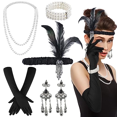 BDSHUNBF 20er Jahre Accessoires, 1920s Kostüm Damen Set 20er Jahren Zubehör Set, Flapper Great Gatsby Accessoires, Karneval Halloween Weihnachten Kostüm mit Stirnband Halskette Handschuhe von BDSHUNBF