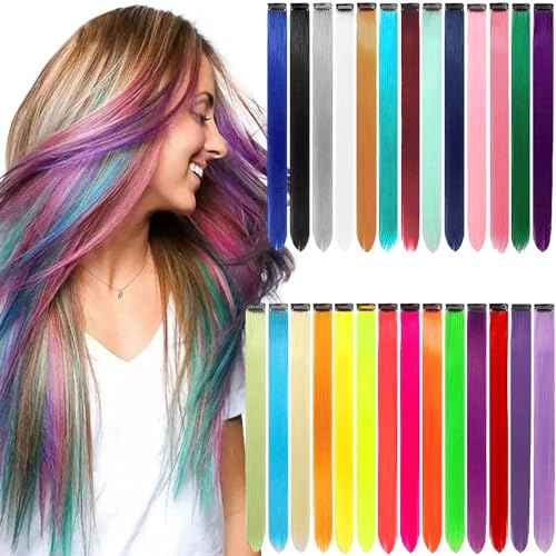 BDSHUNBF 27 PCS Farbige Haarverlängerung, Regenbogen Farbige Haarverlängerungen Clip, 55cm Bunte Haarteile Bunte Haarverlängerung Clips für Frauen Mädchen Kinder Party Festival Dekoration von BDSHUNBF