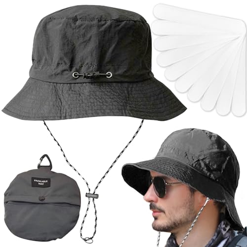 BDSHUNBF Sonnenhut Herren Damen, UV Schutz Sommerhut Fischerhut Sonnenhut Breiter Krempe, Outdoor Safari Hut, Faltbar Wanderhut Wasserdichter UPF 50 Boonie Hat mit Kinnband(Grau) von BDSHUNBF