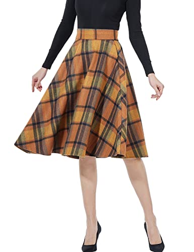 BEAUTELICATE Damen Wollmischung Plaid Midi Rock Hoch elastisch Taille Vintage Tartan A-Linie Rock Winter Flare Langer Rock mit Einer Tasche (Warme Orange, S) von BEAUTELICATE