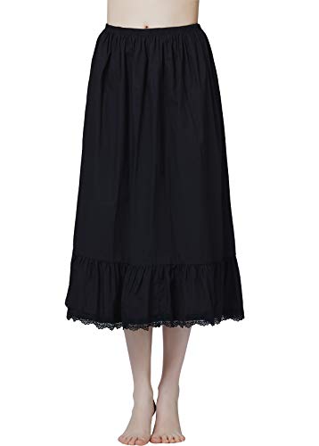 BEAUTELICATE Damen Unterrock 100% Baumwolle Vintage Halbrock Lang Mit Rüsche Spitzenbesatz Röck Half Slip Petticoat (Schwarz, S) von BEAUTELICATE