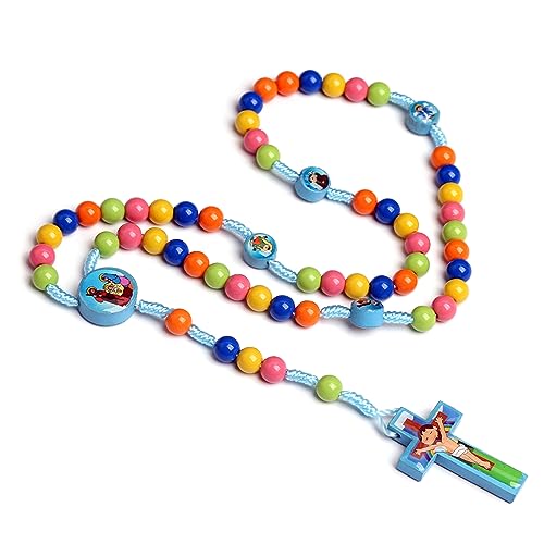 BEBIKR Cartoon-Kreuz-Rosenkranz-Halskette, handgefertigt, bunt, runde Perlen, Anhänger für Kinder, Mädchen, Jungen, Kinder, katholischer Gebetsschmuck, Kunststoff von BEBIKR