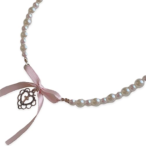 BEBIKR Halsketten, Herzförmige Perlenkette Frauen Hochzeit Party Herz Kreuz Anhänger Choker Kette Imitation Perle Halskette Süßes Geschenk, Perlen von BEBIKR