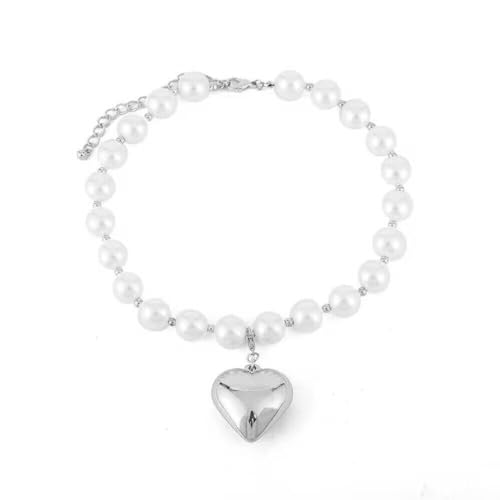 BEBIKR Halsketten für Frauen – CCB große Kugel-Perlen-Halskette mit Herz-Anhänger, Schlüsselbeinkette, übertriebene, verstellbare Choker-Verzierung, Schmuck für Frauen, 42cm+ about 8cm, CCB von BEBIKR