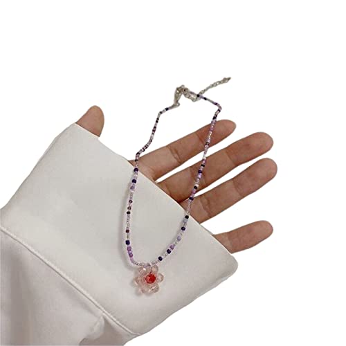 BEBIKR Halsketten für Frauen – bunte süße Perlen-Halskette, modischer kleiner Blumen-Anhänger, Halskette, Schlüsselbein-Kette, Statement-Schmuck für Frauen und Mädchen, 40+8cm, Glas/Glas von BEBIKR