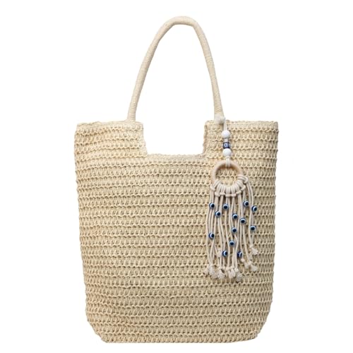 BEBIKR Unterarmtaschen für Damen, Stroh-Handtasche, große Kapazität, Reisetasche, Strandtasche, modisch, Urlaubstasche, Sommer, handgefertigt, gewebt, Schultertasche, beige von BEBIKR