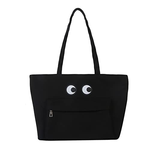 BEBIKR Unterarmtaschen für Damen, modische Cartoon-Canvas-Handtasche, wiederverwendbar, große Kapazität, Strand-Umhängetasche, lässige Einkaufstasche, Schwarz von BEBIKR