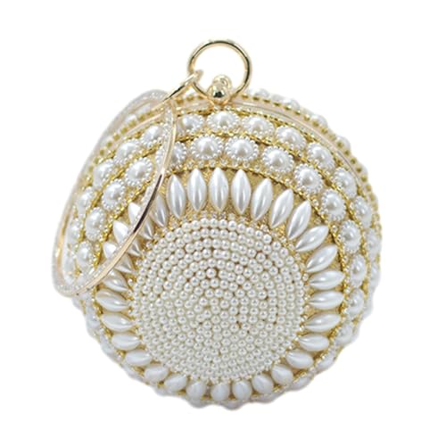 BEBIKR Unterarmtaschen für Damen, runde Clutch, Geldbörse, Ballform, Abendtasche, Handtasche, Ringe, Griff, Perlen, Geldbörse, Abendtasche für Hochzeit, Party, Abschlussball, gold von BEBIKR