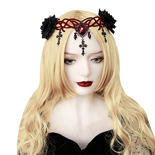 Goth Kopfkette Blumenkronen für Frauen Goth Stirnband Goth Kronen Stirnkette Gothic Tiaras Kopfschmuck, Stoff von BEBIKR