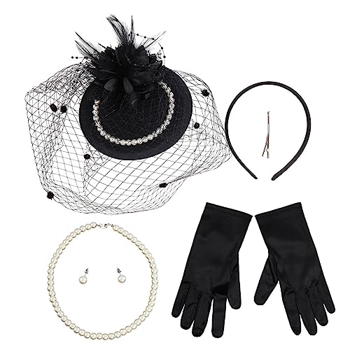 Haarband für Damen, 1 Set, Netzschleier und Hut, Haarreifen mit Perlenohrringen, Halskette und Handschuhen, Halloween, Cosplay, Abschlussball, Partyzubehör für Damen von BEBIKR