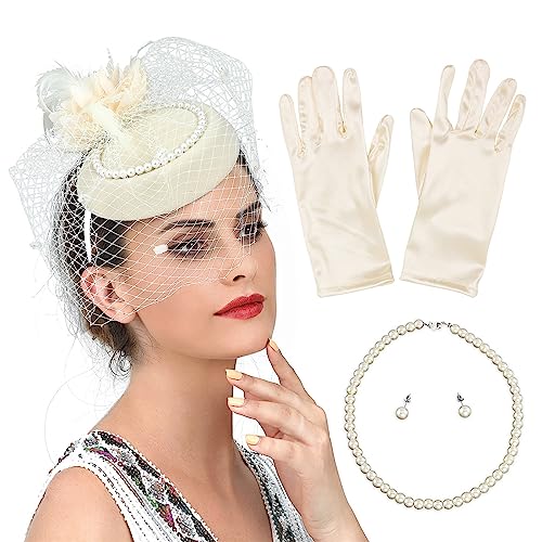 Haarband für Damen, 1 Set, Netzschleier und Hut, Haarreifen mit Perlenohrringen, Halskette und Handschuhen, Halloween, Cosplay, Abschlussball, Partyzubehör für Damen von BEBIKR