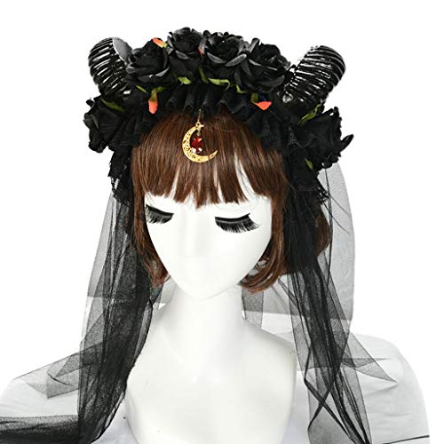 Haarband für Damen, Halloween, Lolita, Stirnband, Schafhorn, Rose, Krone, Netzschleier, Mond, Anhänger, Haarreifen von BEBIKR