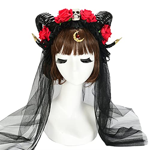 Haarband für Damen, Halloween-Haarreifen, Ochsenhorn, Stirnband, Spitze, Rose, Totenkopf, Schleier, Kopfschmuck, Kunstblumen, Stirnbänder, Cosplay, Haarschmuck von BEBIKR