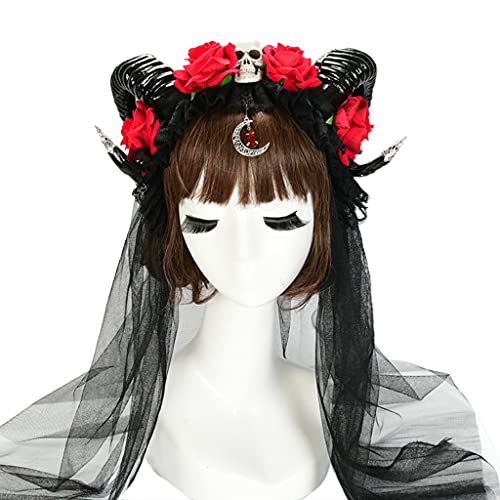 Haarband für Damen, Halloween-Haarreifen, Ochsenhorn, Stirnband, Spitze, Rose, Totenkopf, Schleier, Kopfschmuck, Kunstblumen, Stirnbänder, Cosplay, Haarschmuck von BEBIKR