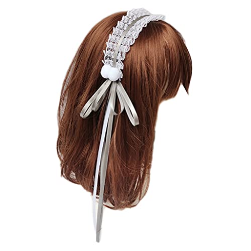 Haarband für Damen, Mädchen, Rüschen, Spitze, Stirnband, lang, mit Schleife, pelziger Ball, Haarreif, wunderschönes langes Band, süßes Anime-Cosplay-Zubehör von BEBIKR