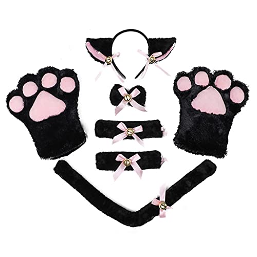 Haarband für Damen, Plüsch für Katzenohren, Stirnband, Kitty-Schwanz, Handschuhe, Set, Pfote, niedliche Schleifen mit Glocken, wunderschönes Gothic-Cosplay-Zubehör von BEBIKR