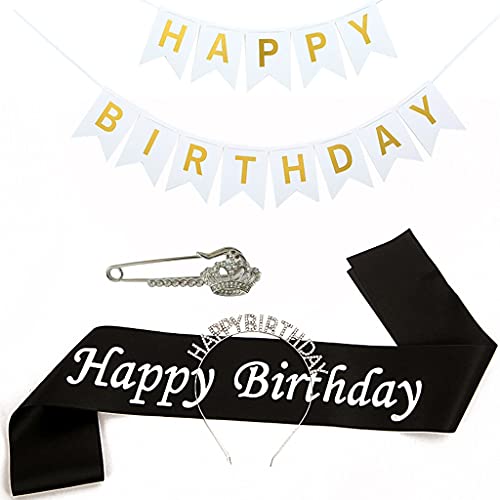 Haarband für Damen, mit Strasssteinen "Happy Birthday", Mädchen, Stirnband, Krone, Brosche, Geburtstag, Schärpe, Briefkarten, Partyzubehör von BEBIKR