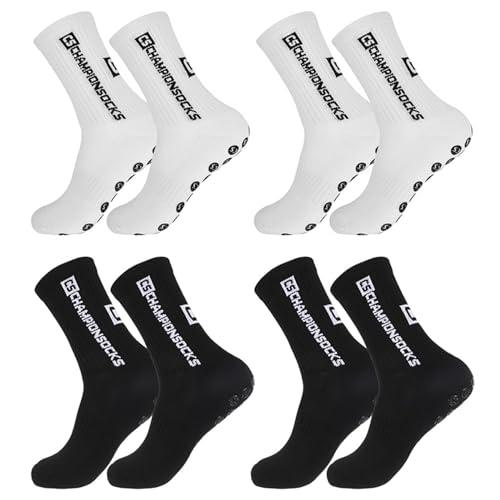 BELIHOME Grip Socken Fussball 4 Paare 40-44 Fußballsocken Anti Rutsch Sportsocken für Herren Damen, Anti Rutsch Grip Fußball Socken für Basketball Hockey Laufen Bergsteigen(Weiß+Schwarz) von BELIHOME