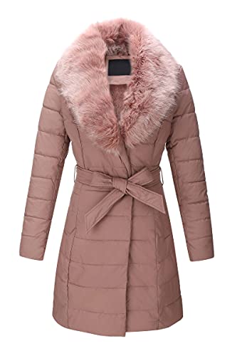 BELLIVERA Damen Faux Lederjacke Winter Warme Übergangsjacke Lang Leicht Steppmantel mit Abnehmbar Pelzkragen 5527 Rosa S von BELLIVERA