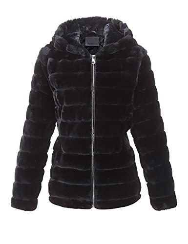 BELLIVERA Damen Kunstpelz Zotteliger Mantel Herbst Winter Warme Mode Lange Ärmel Reißverschluss Kurz Kapuze Jacke 1801 Schwarz XXL von BELLIVERA