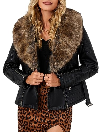 BELLIVERA Damen Lederjacke Winter Warm Kurz Moto Bikerjacke Wildleder Mantel mit Abnehmbarem Pelzkragen 9203 SchwarzGelb M von BELLIVERA