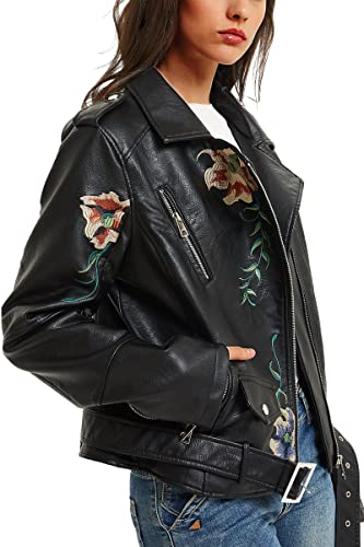 BELLIVERA Damen Kunstleder Jacke Frühling Herbst Kleidung Floral Gürtel Motorrad Biker Mantel 1702020 L von BELLIVERA