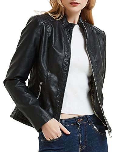 BELLIVERA PU Jacke für Damen Frühling Herbst Mantel Kurzer Reißverschluss Trendy Mantel SS811 Schwarz M von BELLIVERA