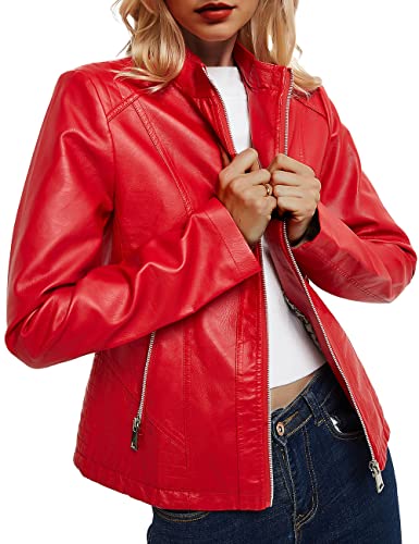 BELLIVERA PU Jacke für Damen Frühling Herbst Mantel Kurzer Reißverschluss Trendy Mantel SS811 Rot S von BELLIVERA