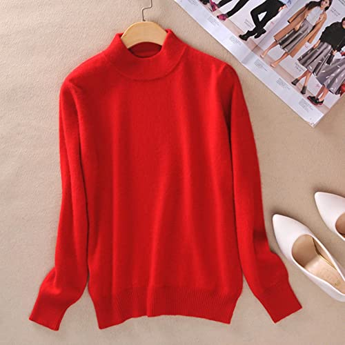 BEQUAH Wollpullover Kaschmir Baumwollmischung Halber Rollkragen Damen Pullover Herbst Winter Pullover Alltag Basic Warm Strickpullover Pull Femme-Rot, XL von BEQUAH