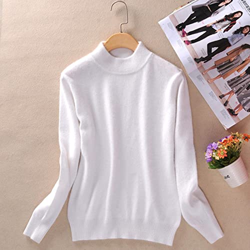 BEQUAH Wollpullover Kaschmir Baumwollmischung Halber Rollkragen Damen Pullover Herbst Winter Pullover Alltag Basic Warm Strickpullover Pull Femme-Weiß, XL von BEQUAH