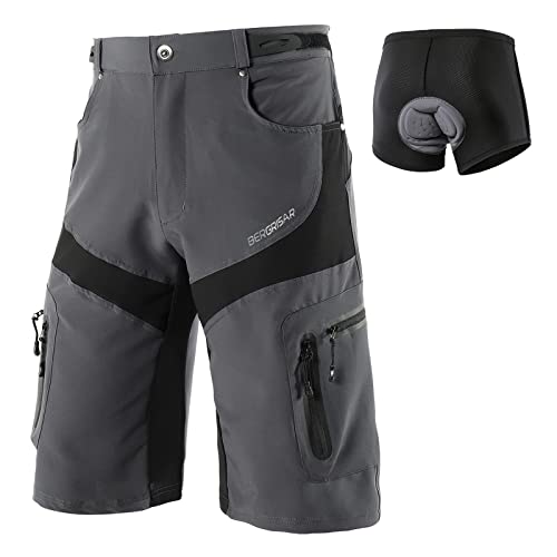 BERGRISAR MTB Hose Herren Radlerhose mit Gepolstert Fahrradhose Radhose Kurz Mountainbike Hose Baggy MTB Bike Shorts Grau Klein von BERGRISAR