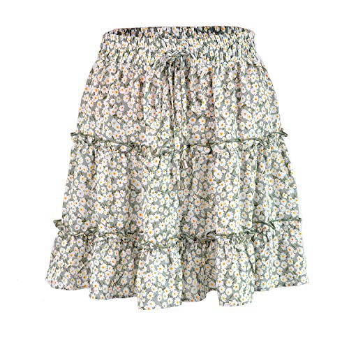 Damen Short Rock Skirt Cute Floral Print Rüschen Saum Elastischer Hohe Taille Krawatte Minirock (S,Grün & Blümchen) von BETYFUL