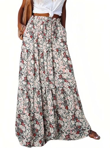 Rock Damen Sommer Lang Boho Blumen Maxirock, Hohe Elastische Taille mit Taschen und Gürtel Maxi Skirt Faltenrock Strandrock Freizeitrock Rock Damen Sommer Lang Boho Blumen Maxirock, Hohe Elastische Taille mit Taschen und Gürtel Maxi Skirt Faltenrock Strandrock Freizeitrock von BETYFUL